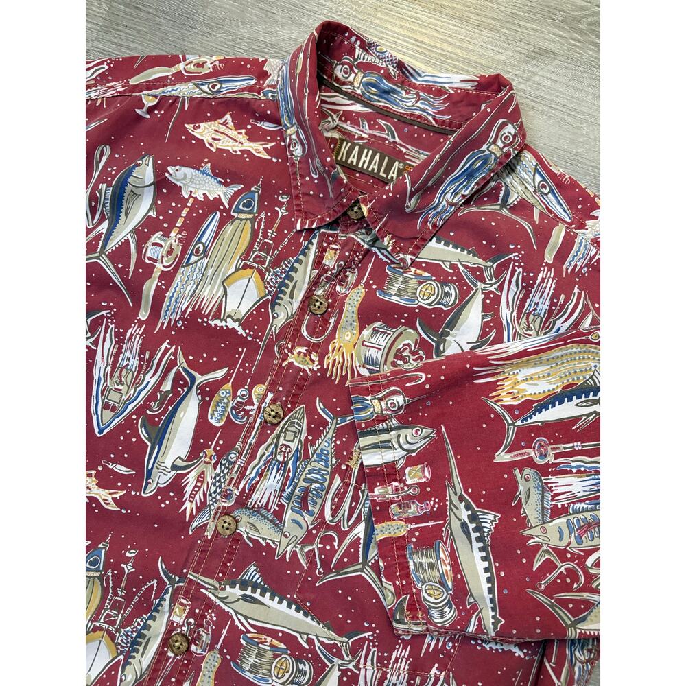 Kahala Retro Hawaiian Print Cotton Shirt Fish Deep Sea Fishing Theme L Boat Reel